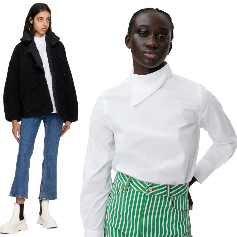 GANNI Organic Cotton‎ Poplin Asymmetrical Collar Long Sleeve Scandi Girl Top 0